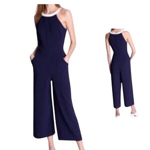 Karl Lagerfeld Halter Jumpsuit Wide Leg White Trim Pockets Career Party‎ Size 12